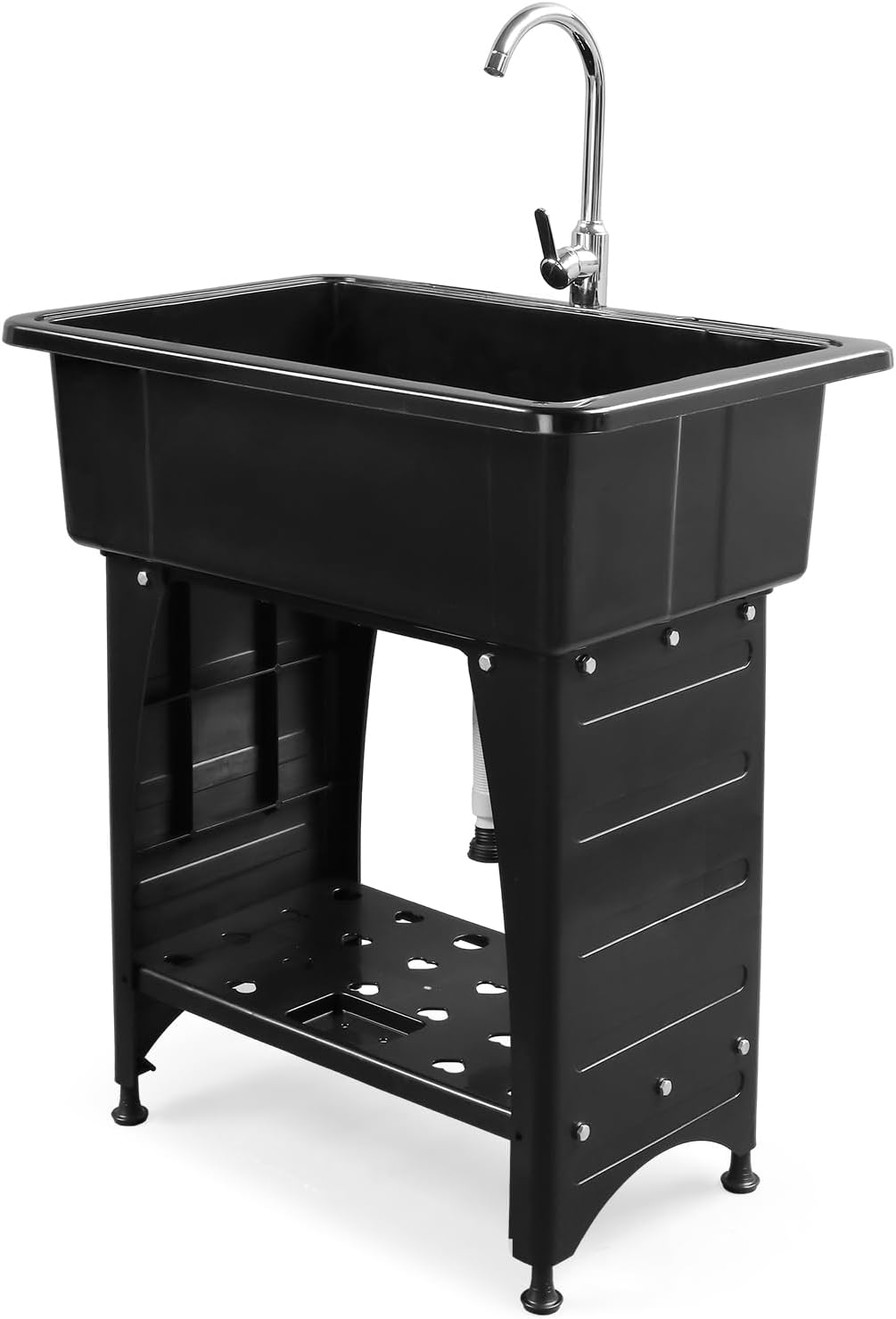 VINGLI Spacious Black Utility Sink Laundry Tub for Laundry Room, Garage Washing Station, Slop Sink, Freestanding Sink with Stainless Steel Faucet, Drain, Storage Shelf and Removable Drainboard,Black