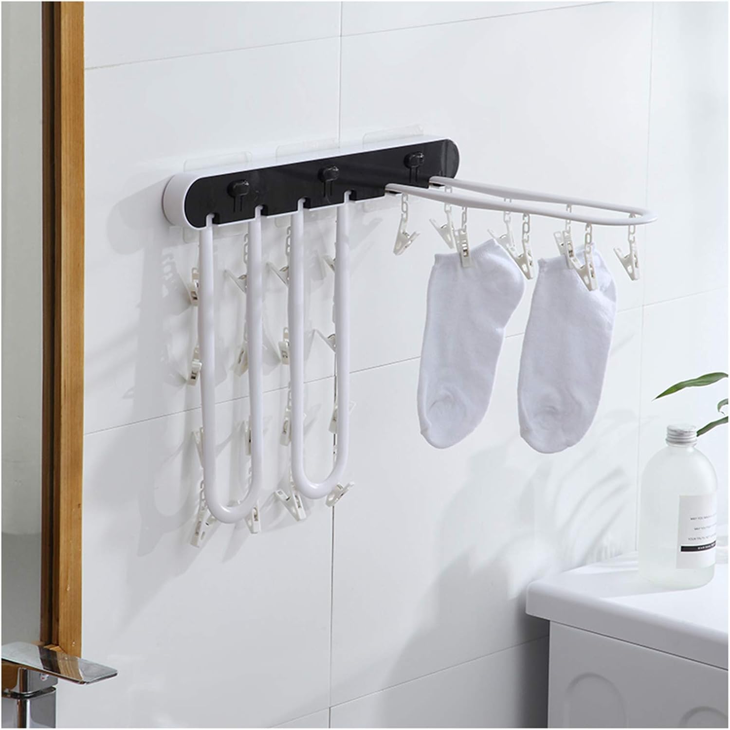 Laundry Rack, Multifunction Wall-Mounted Airer, Home Drying Rack Socks with Multiple Clips Fold Balcony Bathroom Inner Clothes Hanger Artifact