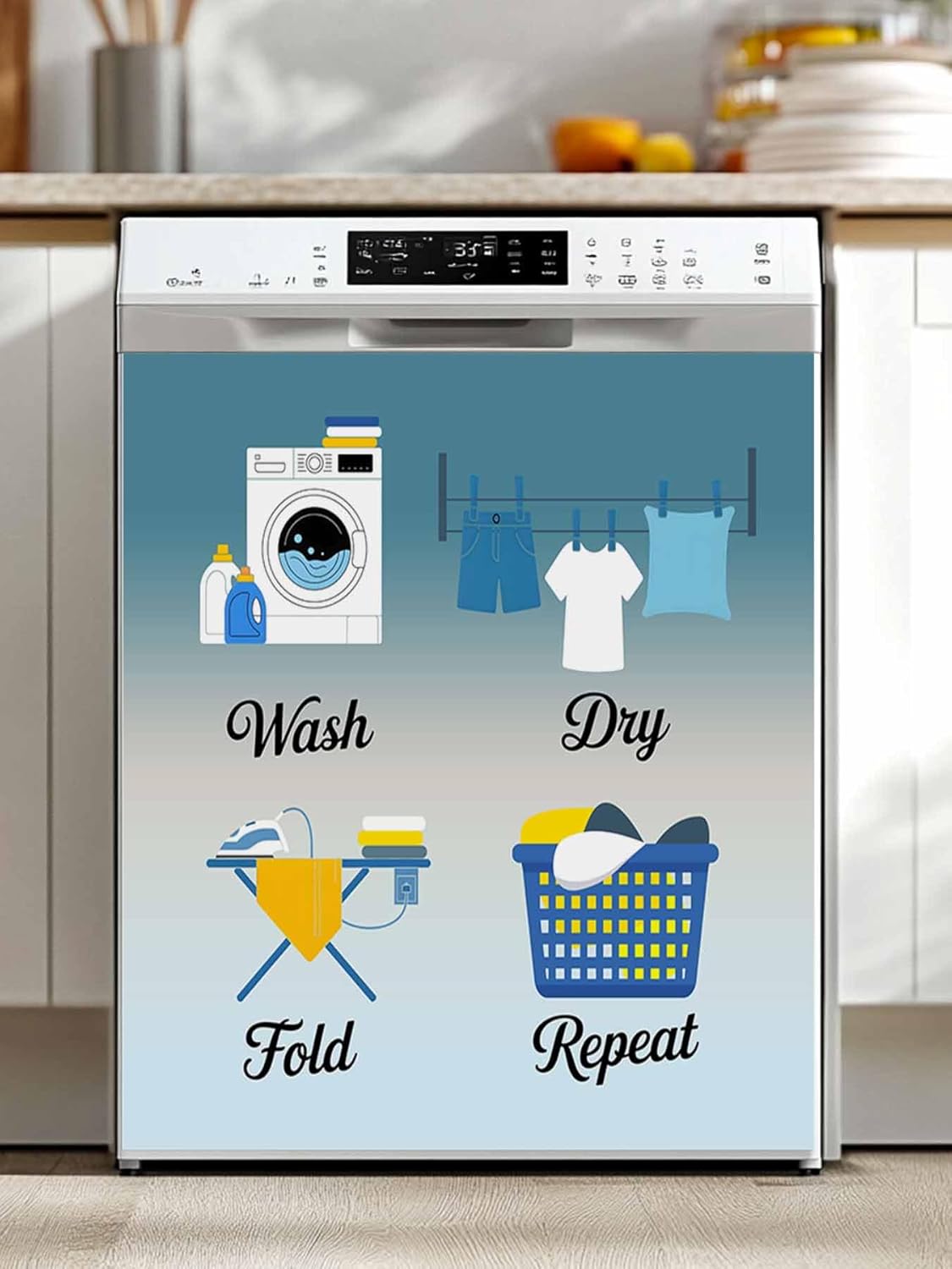 Blue Ombre Laundry Dishwasher Magnet Cover, Wash Dry Fold Repeat Refrigerator Magnets Covers for The Front Door, Reusable Dishwasher Panel Fridge Decal Cover for Home Appliance Decor 23''x26''