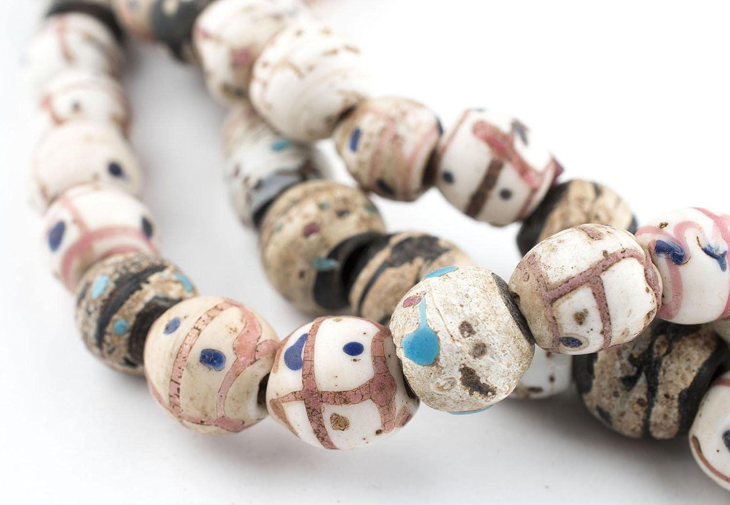 The Bead Chest Antique Venetian Medicine Man Trade Beads Double Strand 11mm Ethiopia African Multicolor Round Glass Large Hole 40 Inch Strand