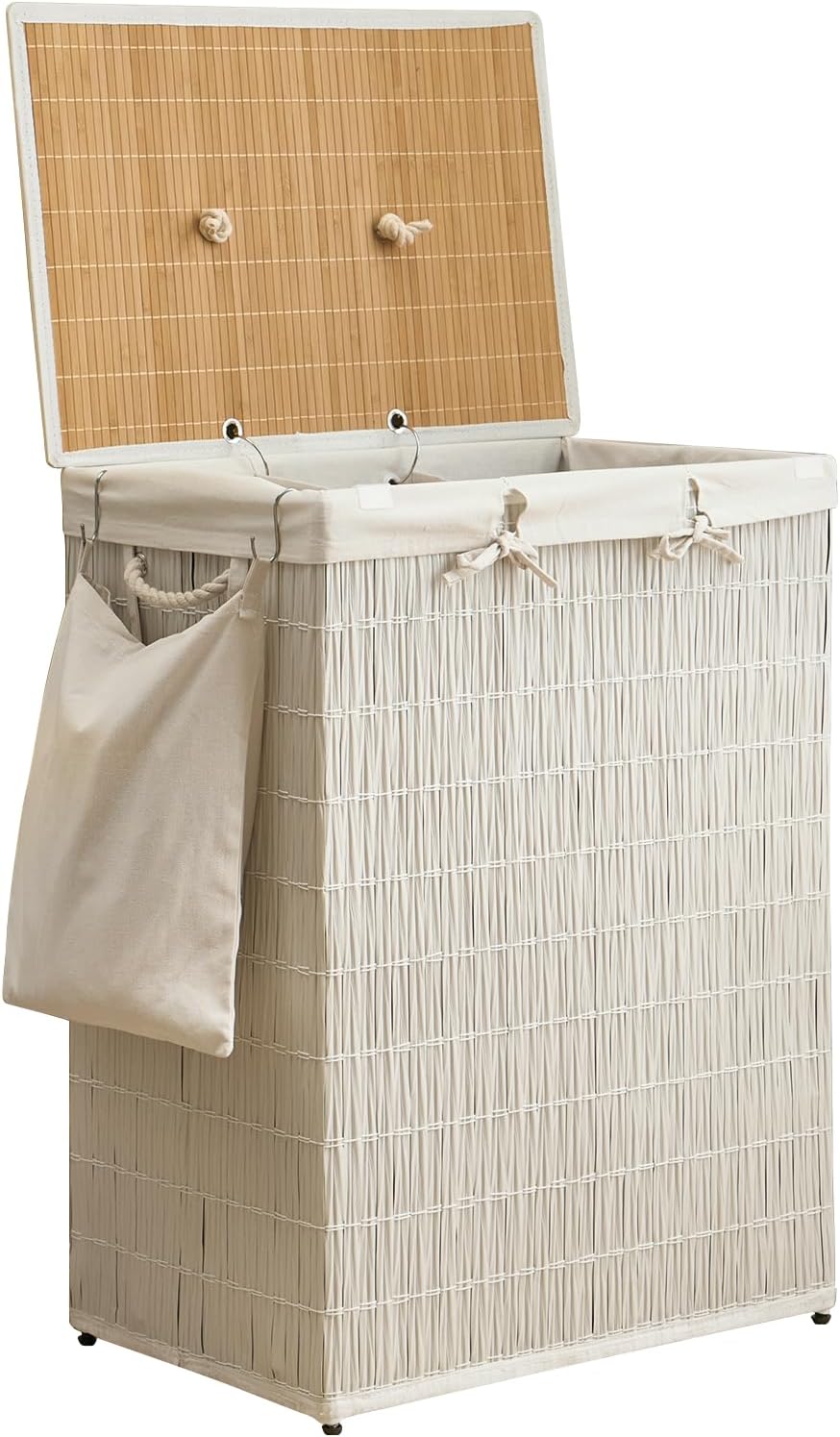 Laundry Hamper with Lid, 52.8 Gallon(200L) Large Laundry Basket 2 Removable Liner Bags, Synthetic Rattan Clothes Hamper with Side Pocket, laundry organization for bathroom, laundry room, White