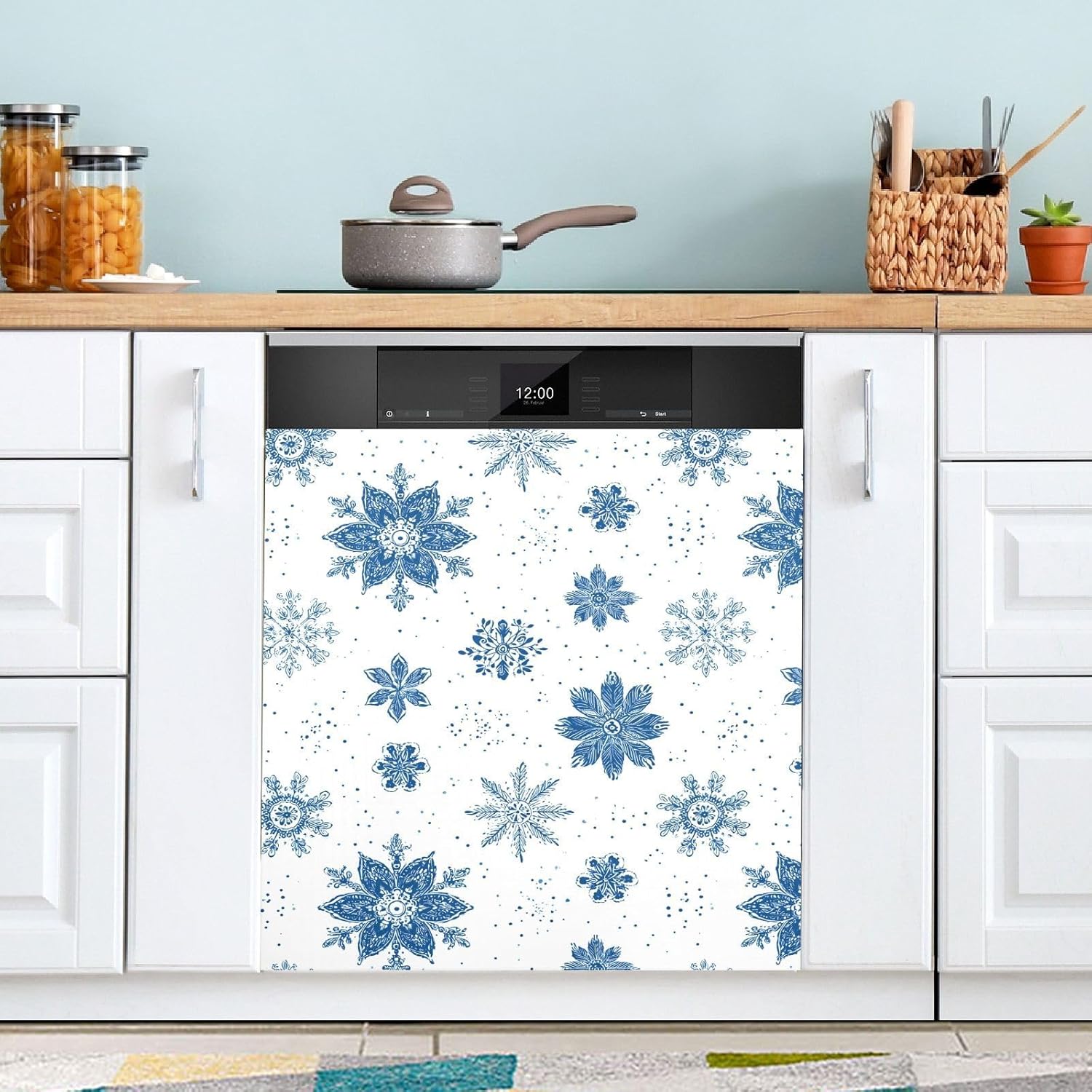Pfrewn Christmas Winter Magnetic Dishwasher Cover Blue White Snowflakes Christmas Winter Flowers (10) Fridge Door Covers Kitchen Decal Vinyl Panel Decorative Refrigerator Laundry Appliances 23x26in
