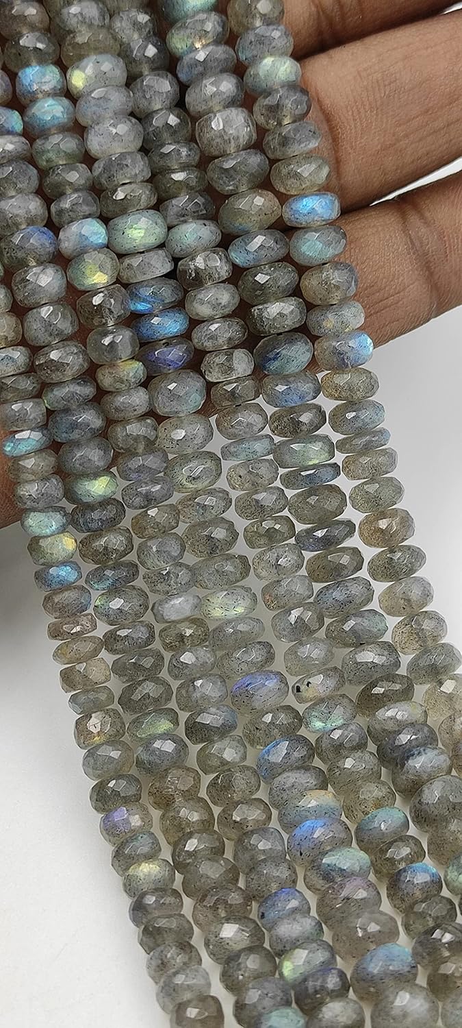 Hanumat Gems Lot of 5 Strands Beautiful Natural Black Labradorite Faceted Rondelle Shape Gemstone Beads,Labradorire Rondelle Beads,Labradoite Faceted Beads,6.00-8.00 MM Beads,13 Inches Strand