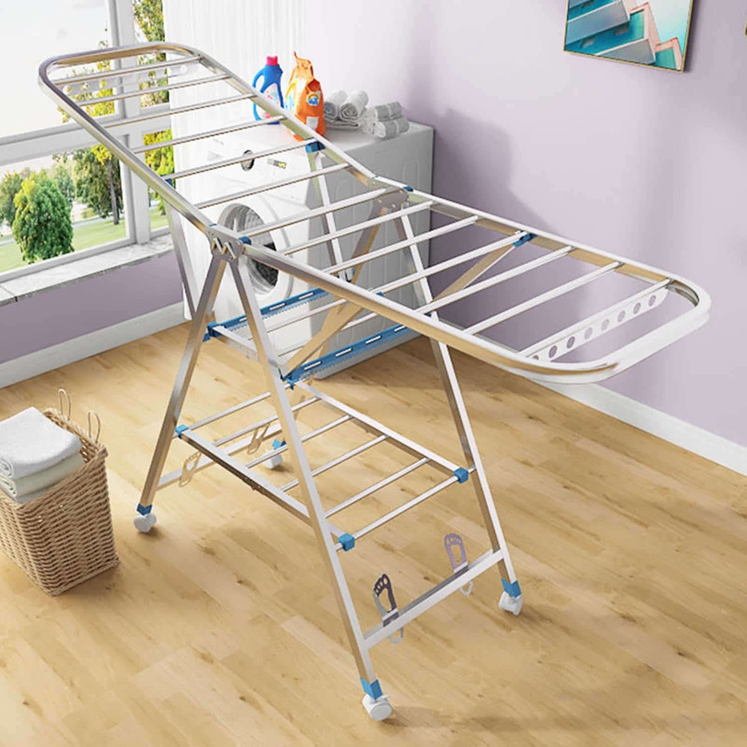 Outdoor Drying Rack Clothing Foldable, Clothes Drying Rack, Collapsible Laundry Rack with Hanging Rods, Shoe Hangers, Adjustable Wing and Foldable Design (1.5m)