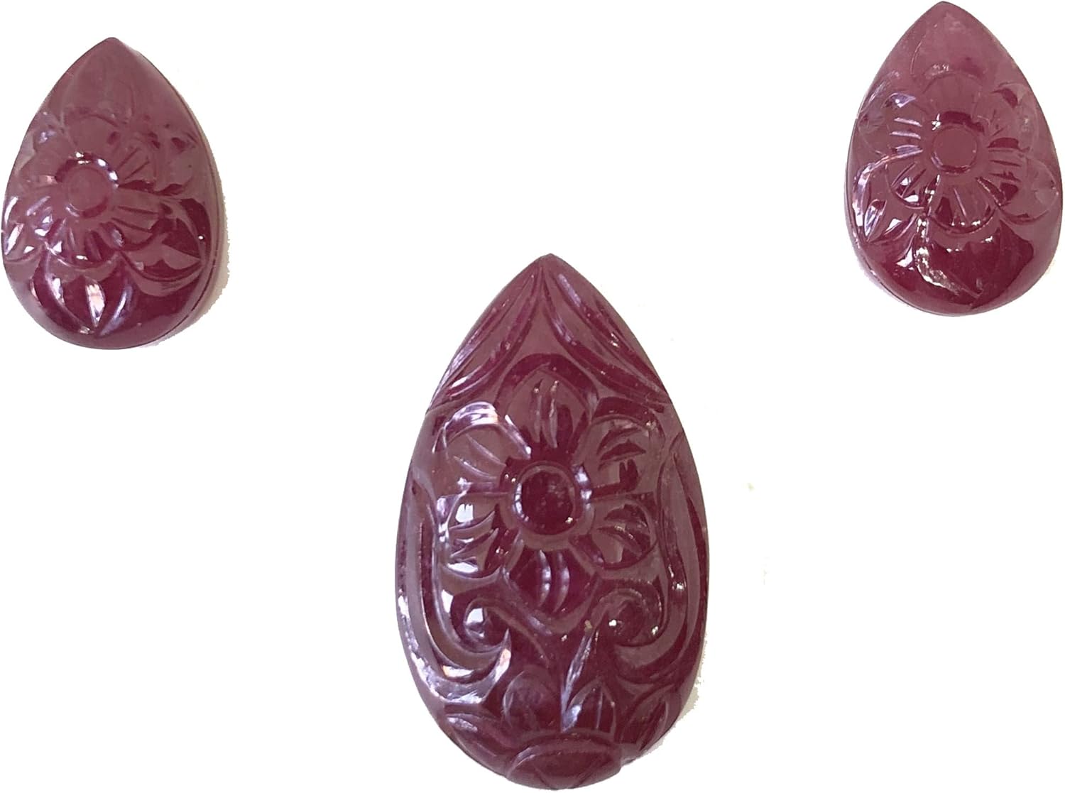 96.38 Ct Ruby Hand Carved Pear Shape Layout Wholesale 3 Pieces Lot Loose Gemstone Carved Flower Design Layout For Making Jewelry Designs