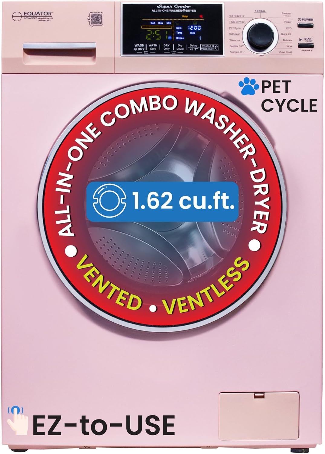Equator All-in-One 4600 Washer Dryer VENTLESS/VENTED PET Cycle 1.62cf/15lbs 110V (Pink)