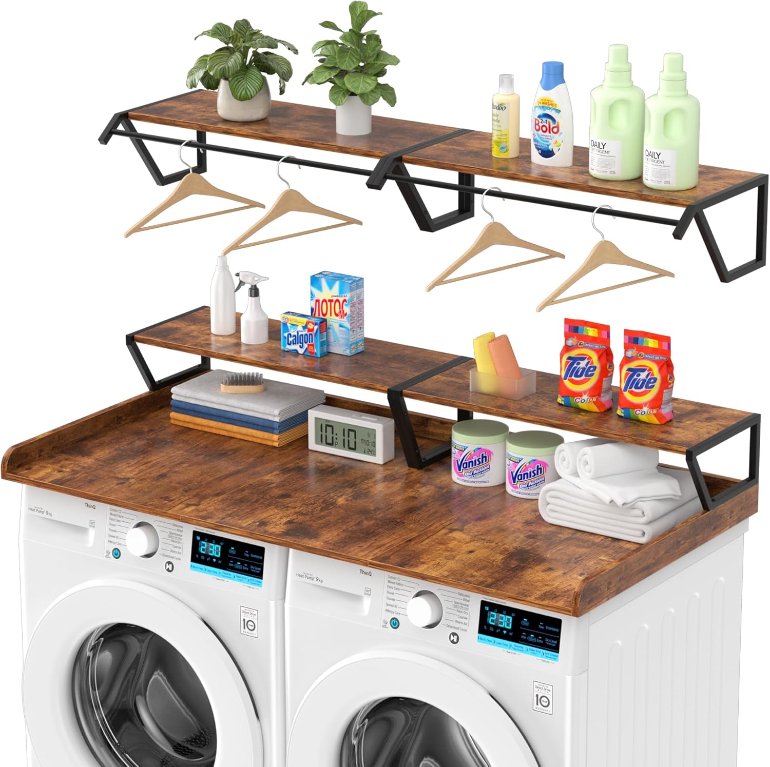 Set Washer Dryer Countertop with Hanging Rod, Laundry Countertop with Shelf for Laundry Room Organization, Washer Dryer Topper with Anti-Slip Pads and Raised Edges Brown