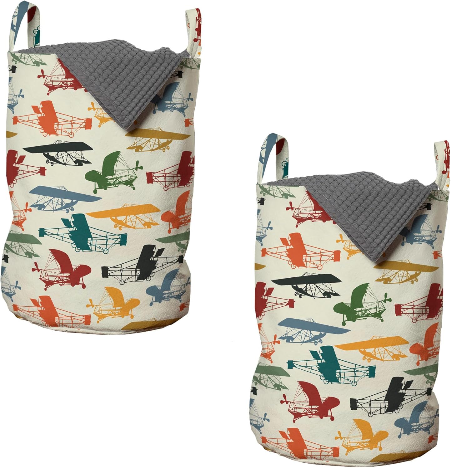 Lunarable Vintage Airplane Laundry Bag Pack of 2, Colorful Aircraft Concept Silhouettes on Beige Background Aviation Theme, Hamper Basket with Handles Drawstring Closure, 13