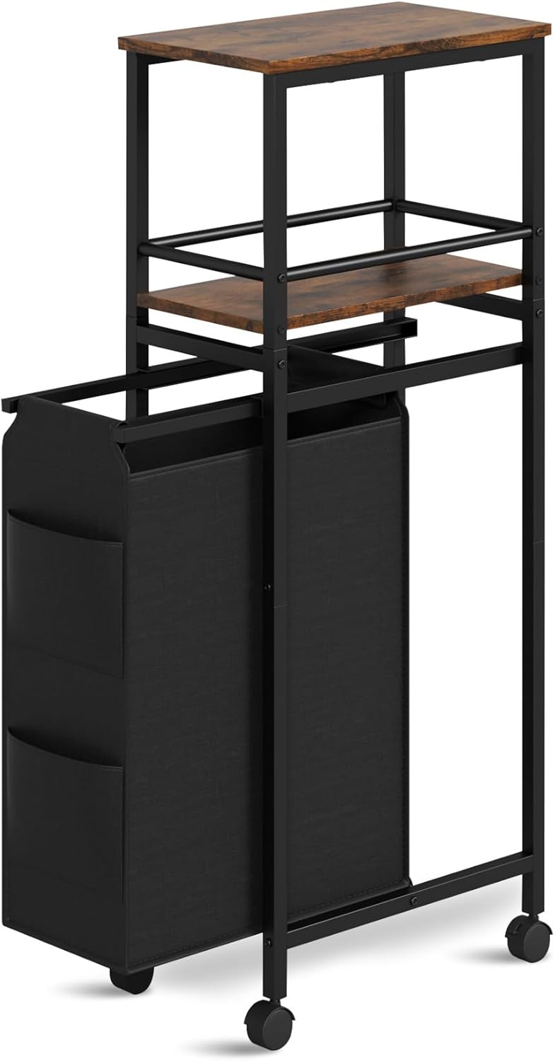 Slim Laundry Hamper with Shelf,40L Rolling Laundry Basket with Wheels,Laundry Sorter with Side Pockets and Removable Bags for Samll Space,Laundry Room,Bedroom,Bathroom