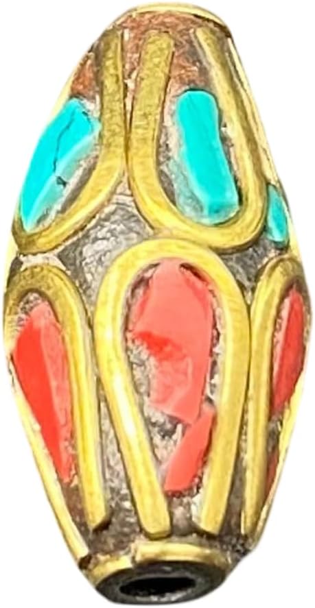 Old Antique Handcrafted 21x10mm Nepalese Tibetan Brass Bead with Turquoise & Coral Inlay – Vintage Ethnic Dzi Style Barrel Buddha Prayer Amulet Bead for Jewelry Making