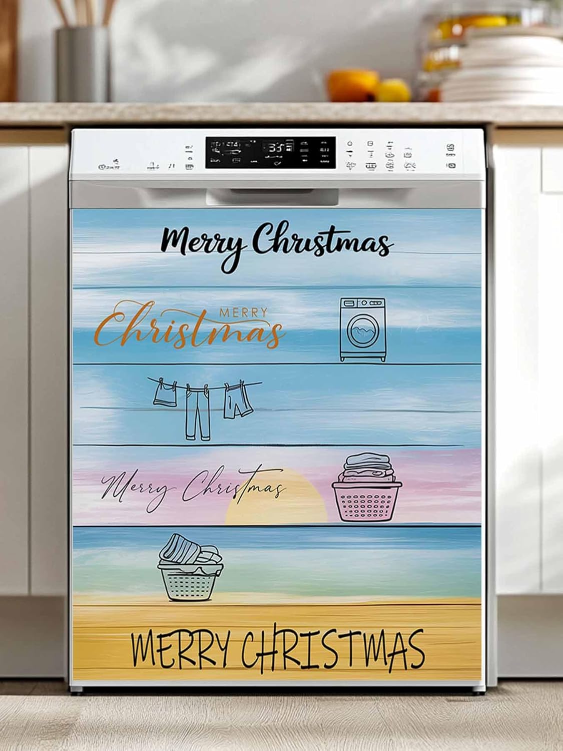 Merry Christmas Magnetic Dishwasher Cover for Washers, Fridge Magnet Panel Decal Cover, Blue Wood Clothes Laundry Room Washing Machine Front Dishwasher Door Sticker for Kitchen Appliance 23