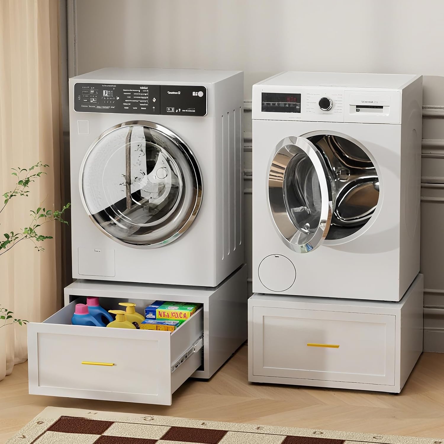 2 Pack Metal Washer and Dryer Pedestal, 28''W Heavy Duty Washing Machine Base Stand with Storage Drawer, Universal Fit Anti-Vibration Laundry Pedestal for Washer and Dryer, 440 LBS Capacity (White)