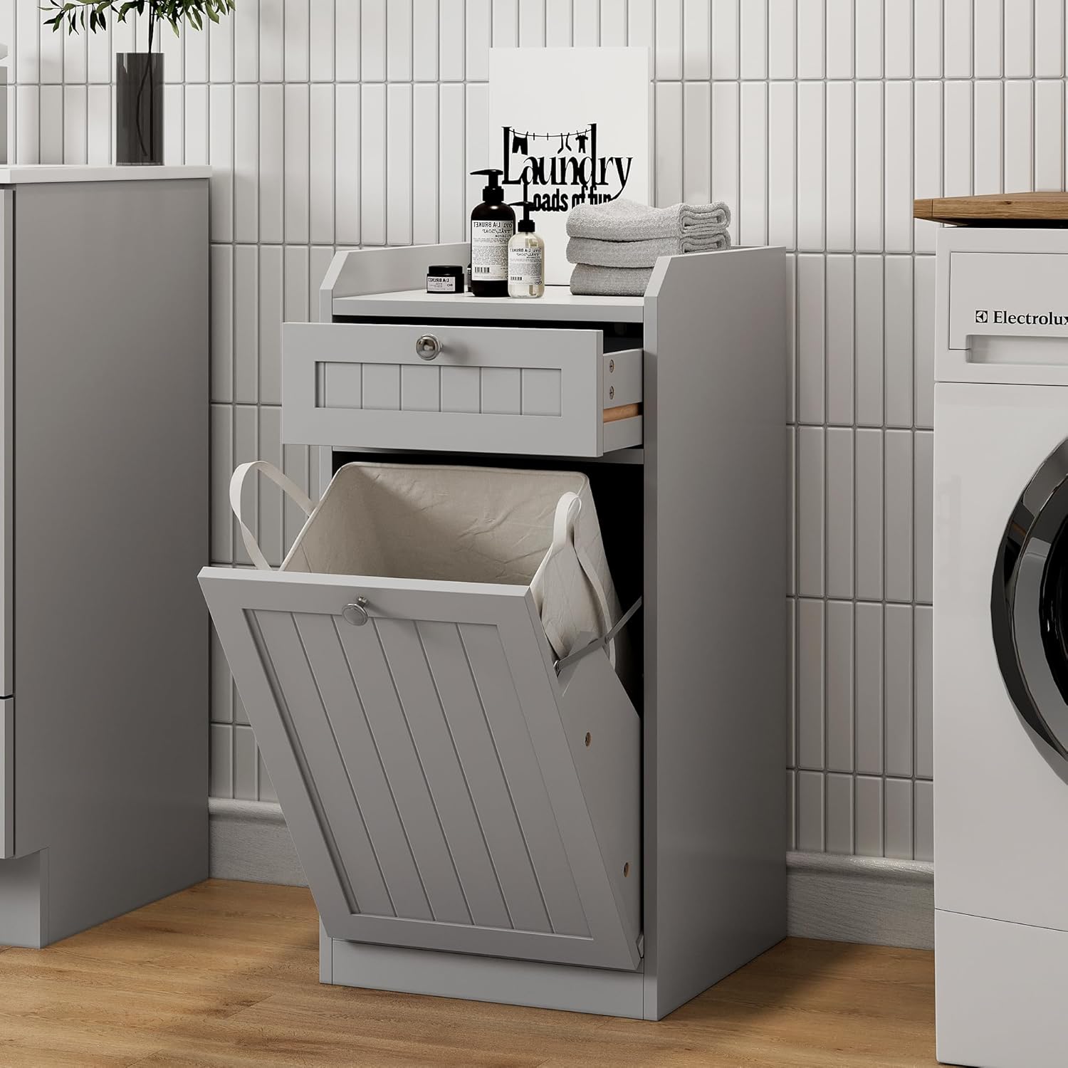 Tilt Out Trash Can Cabinet, Wood Laundry Hamper Cabinet with Drawers & Laundry Basket, 10 Gallon Hidden Garbage Trash Can Cabinets for Kitchen Laundry Room, Grey
