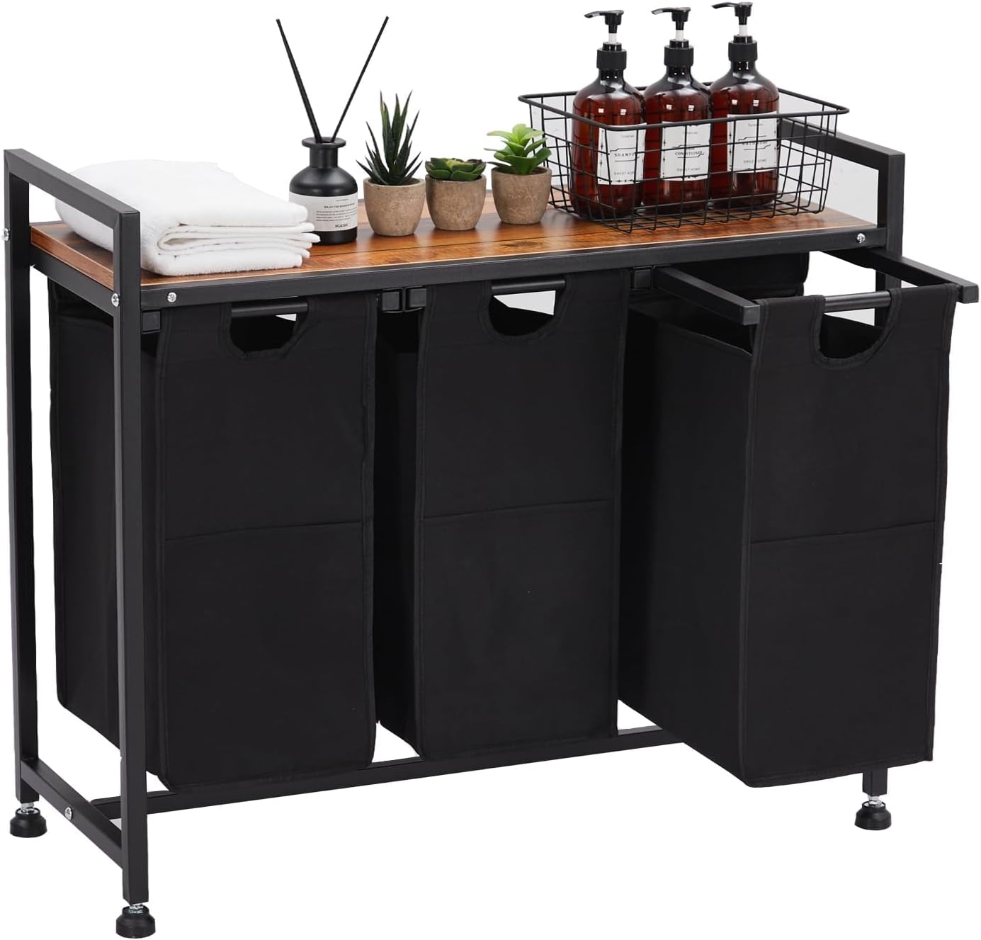 Laundry Sorter 3 Section, Laundry Hamper with Wheels, 3 × 11.5 Gal (130L), Rolling Laundry Basket, Pull-Out and Removable Oxford Fabric Laundry Bags, Black