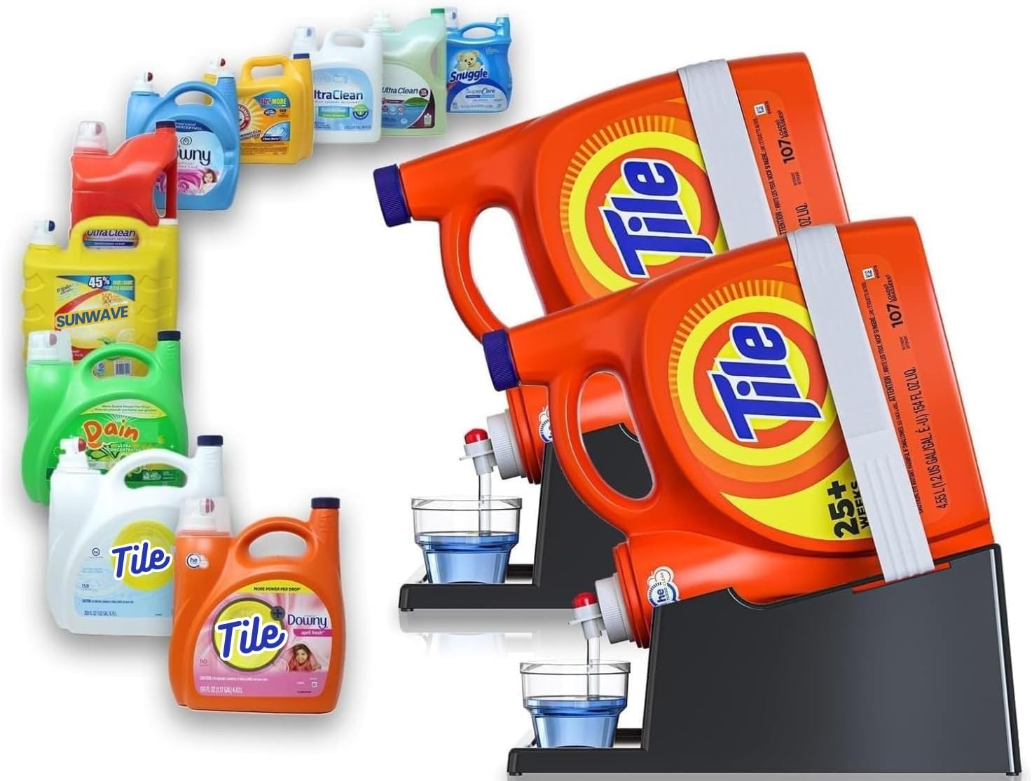 TidyFriend 2 Pack Liquid Laundry Detergent Holder Stand with Strap, Drip Tray & Rubber Feet, Stand for Laundry Room Organization and Storage, Fabric Softener Dispenser Holder for Easy Pouring (Black)