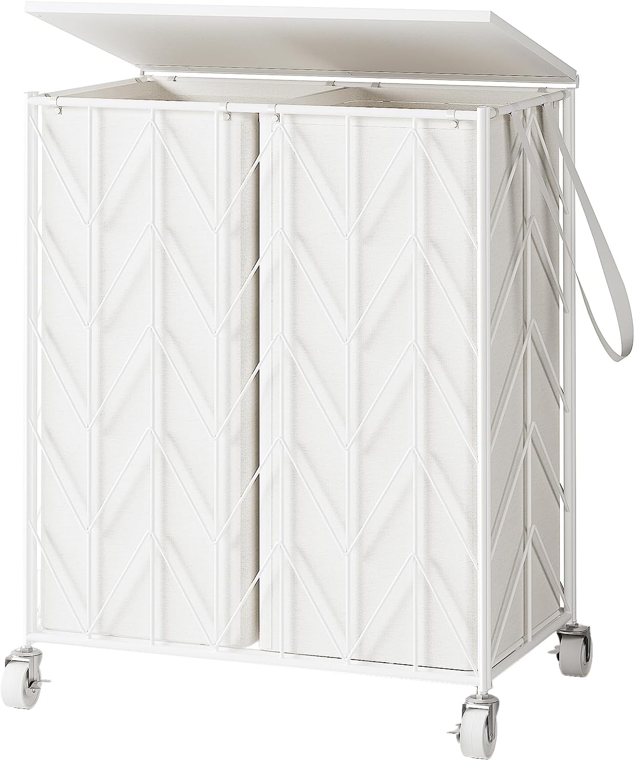 WOWLIVE Laundry Basket with Wheels, Heavy Duty Laundry Hamper with Wood Lid, Clothes Hamper with Divided Removable Liner Bag, Large Capacity Iron-Made Laundry Sorter Laundry Room Organization (White)