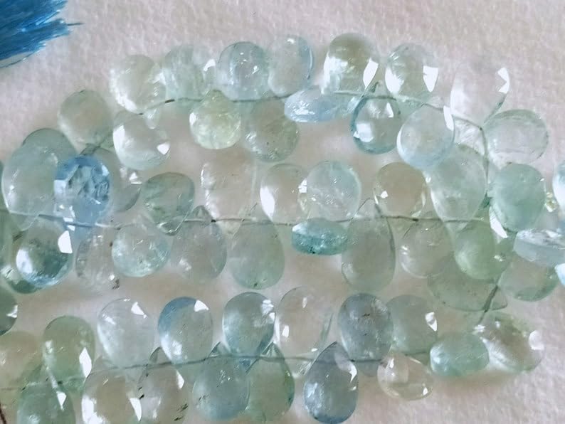 8 inch Strand of Natural Brazilian Aquamarine 8-10 mm pear Faceted briolette Beads for DIY Jewelry Making. |BRIO_01259