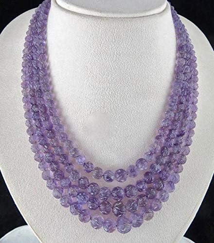 4 Line Natural Amethyst Carved Round Beads Necklace 16 INCHES 11 MM to 6 MM Code-HIGH-46433