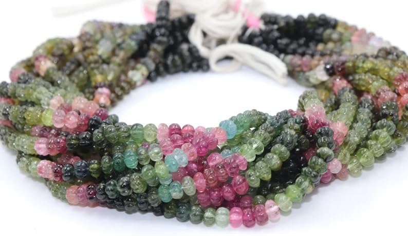 Tourmaline Smooth Carving Melon Shape Beads, 7-12mm AAA+ Quality Multi Tourmaline Melon Carved Beads for Making Jwelery