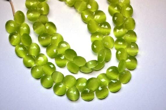 7 Inch 10mm Cats Eye Lemon Green Cats Eye Opal Faceted Heart Briolettes Strand
