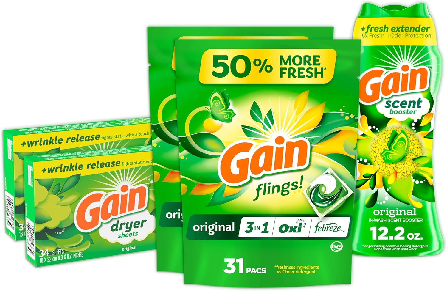 Gain Laundry Bundle: Gain Flings Laundry Detergent Pacs (2x35ct), Dryer Sheets (2x34ct), Fireworks Laundry Scent Booster Beads (14.8oz)