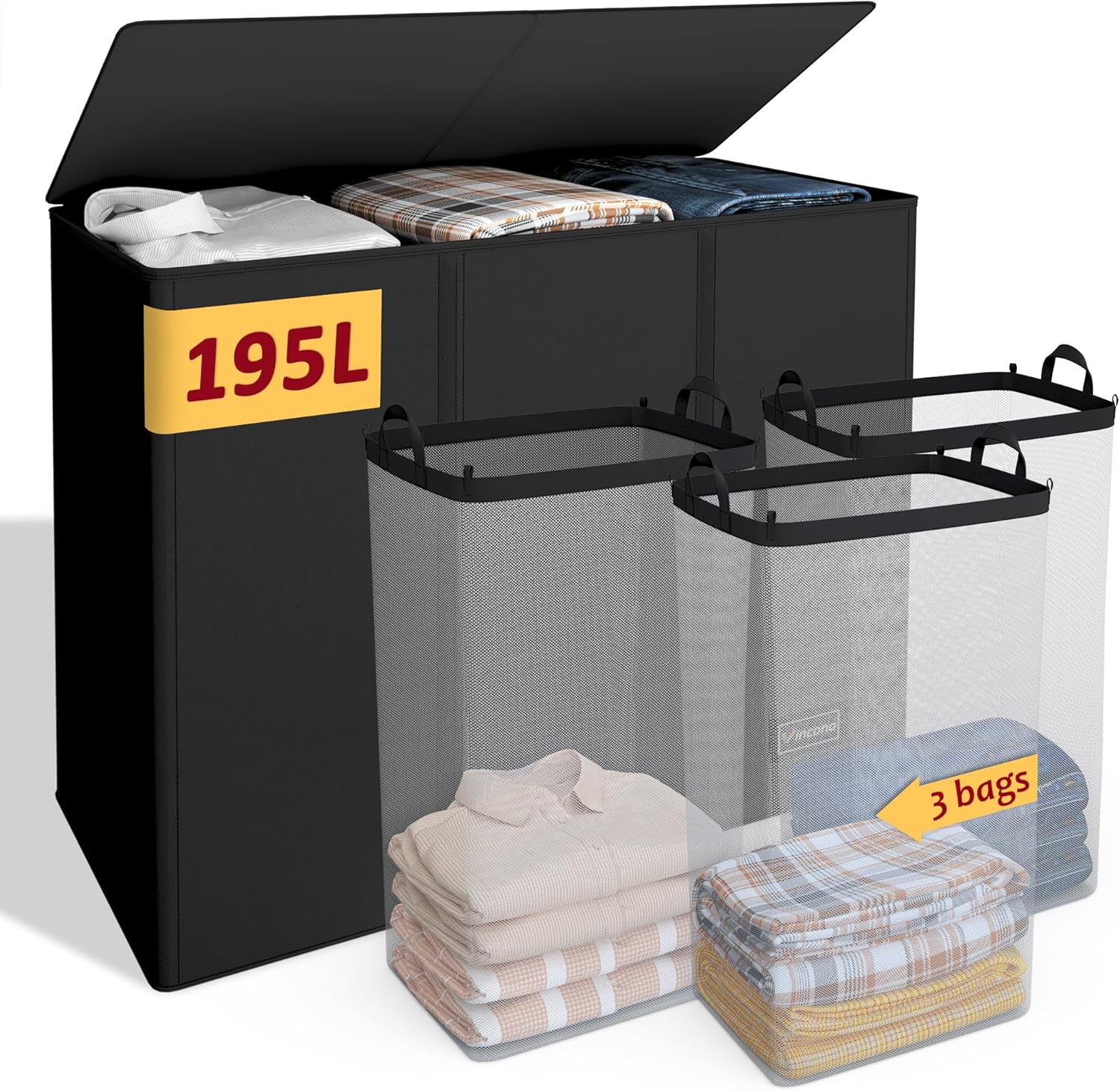 195L Laundry Hamper 3 Section,Large Laundry Hamper with Lid,Dirty Clothes Hamper with 3 Inner Bags,Collapsible Laundry Basket Organizer for Laundry Room,Bedroom,Laundry Sorter Hamper 3 Compartment