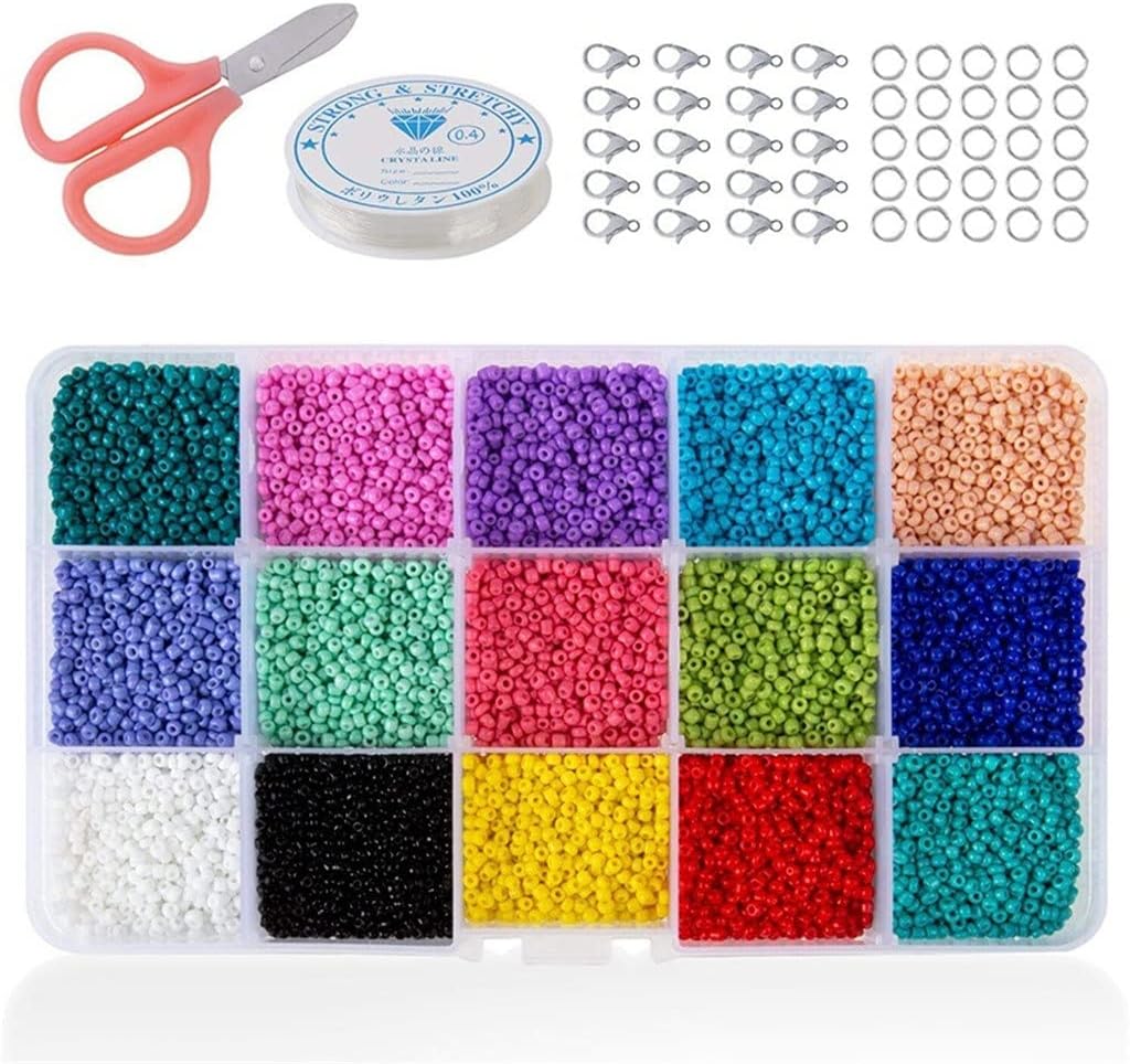 15000Pcs Glass Seed Beads, Mixed Colors Small Beads Assorted Kit Opaque Colors Lustered Loose Spacer Beads