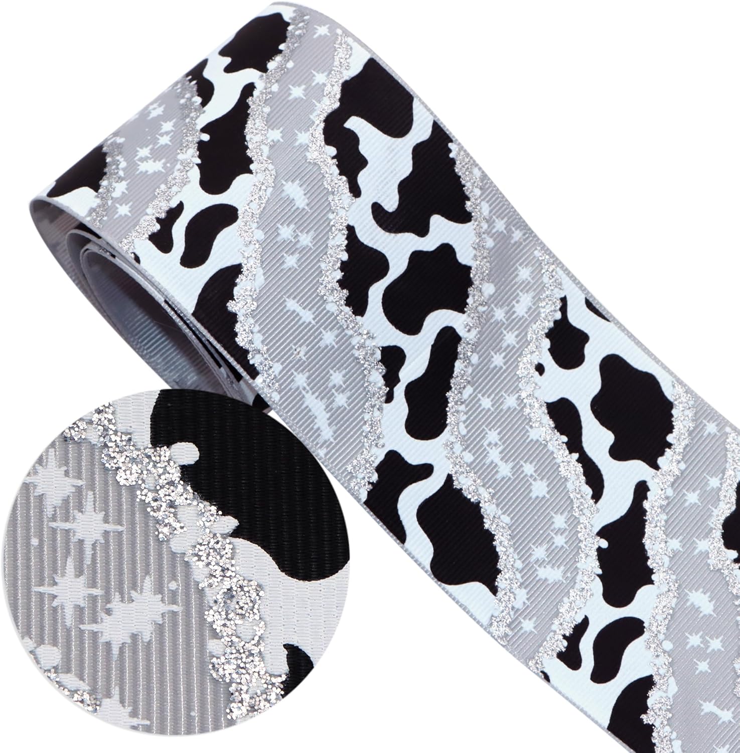 38Mm/75Mm Cow Grosgrain Ribbon Ink Printed Glitter Ribbon for DIY Handmade Bows Crafts Package Gift 50Yards,50Yc19913 - (Color: 75Mm Gray)