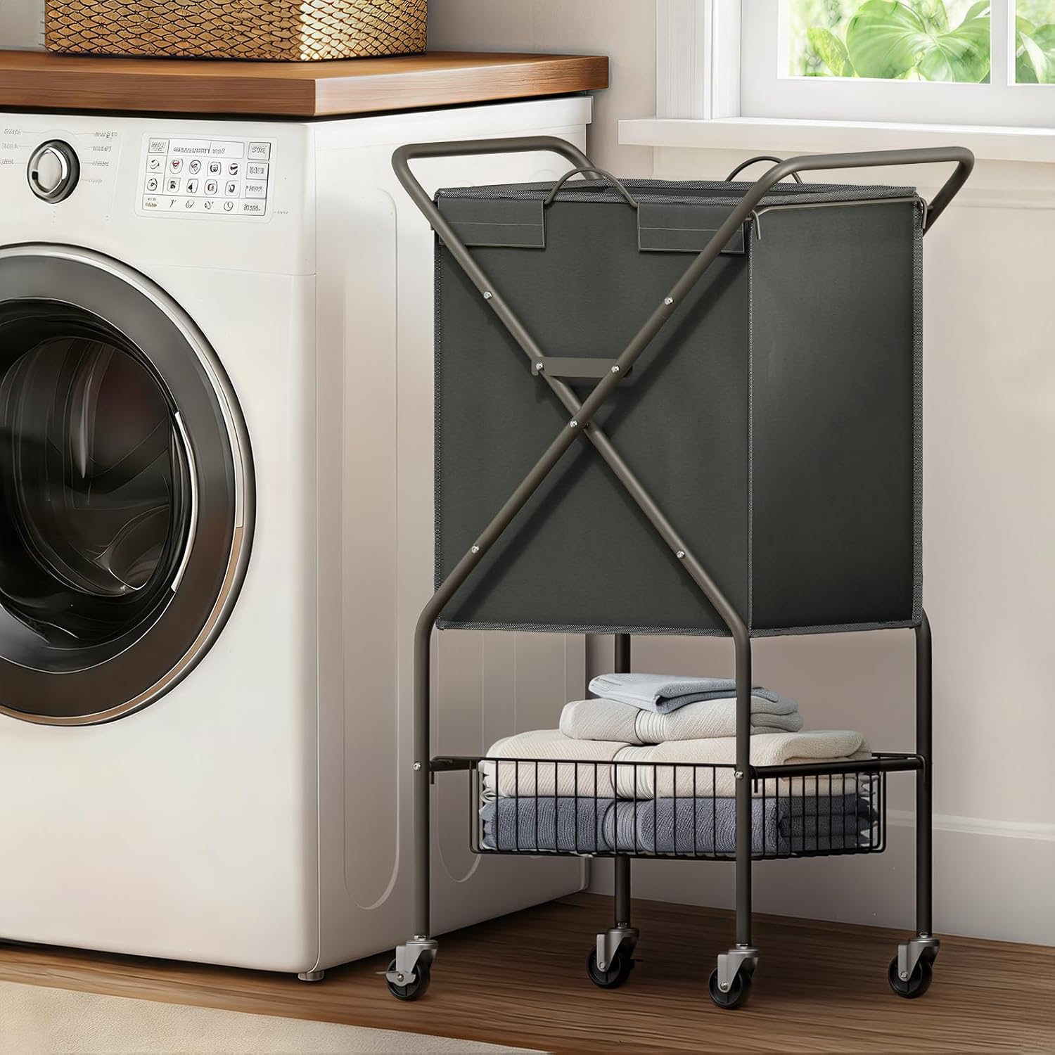 Laundry Basket with Wheels:88L Rolling Laundry Cart Foldable Metal Frame Dirty Clothes Laundry Hamper 36
