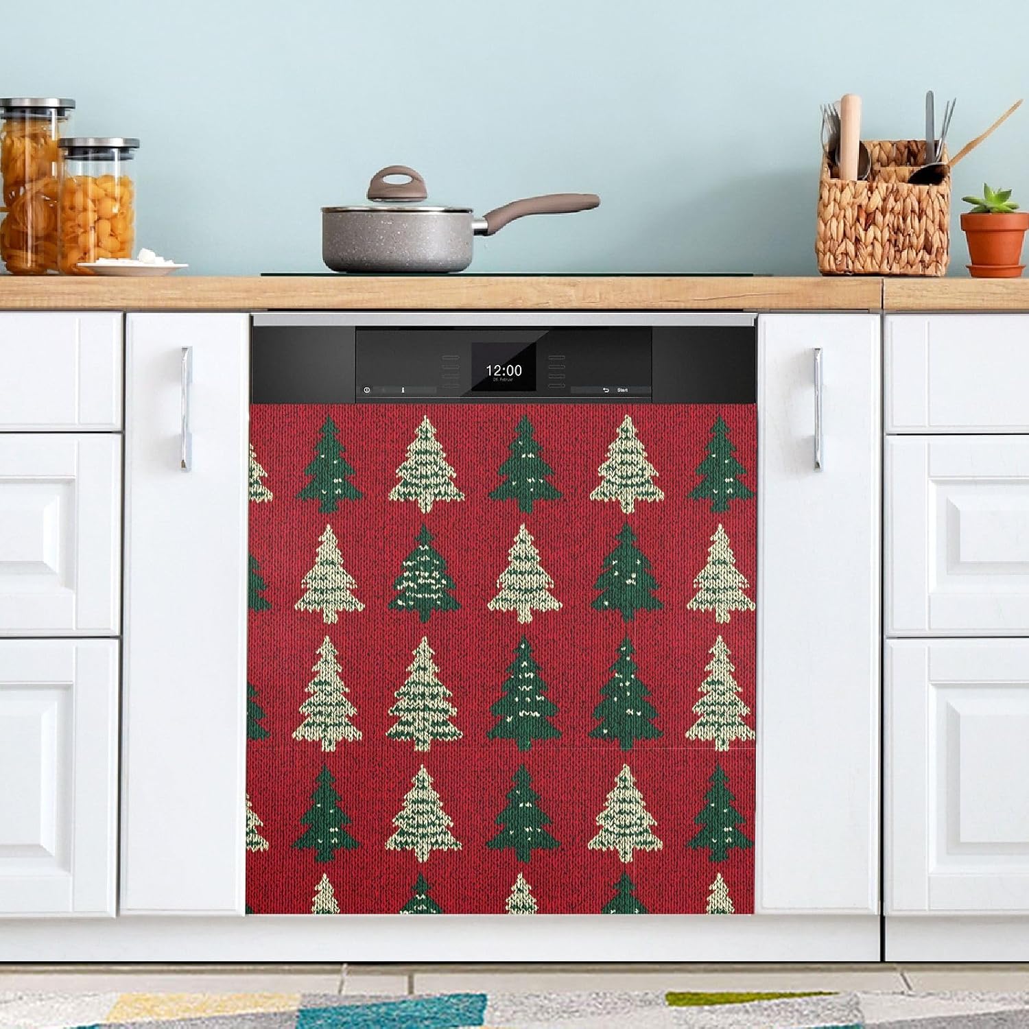 Pfrewn Christmas Winter Magnetic Dishwasher Cover Christmas Trees Knit Red (3) Fridge Door Covers Kitchen Decal Vinyl Panel Decorative Refrigerator Laundry Appliances 23x26in