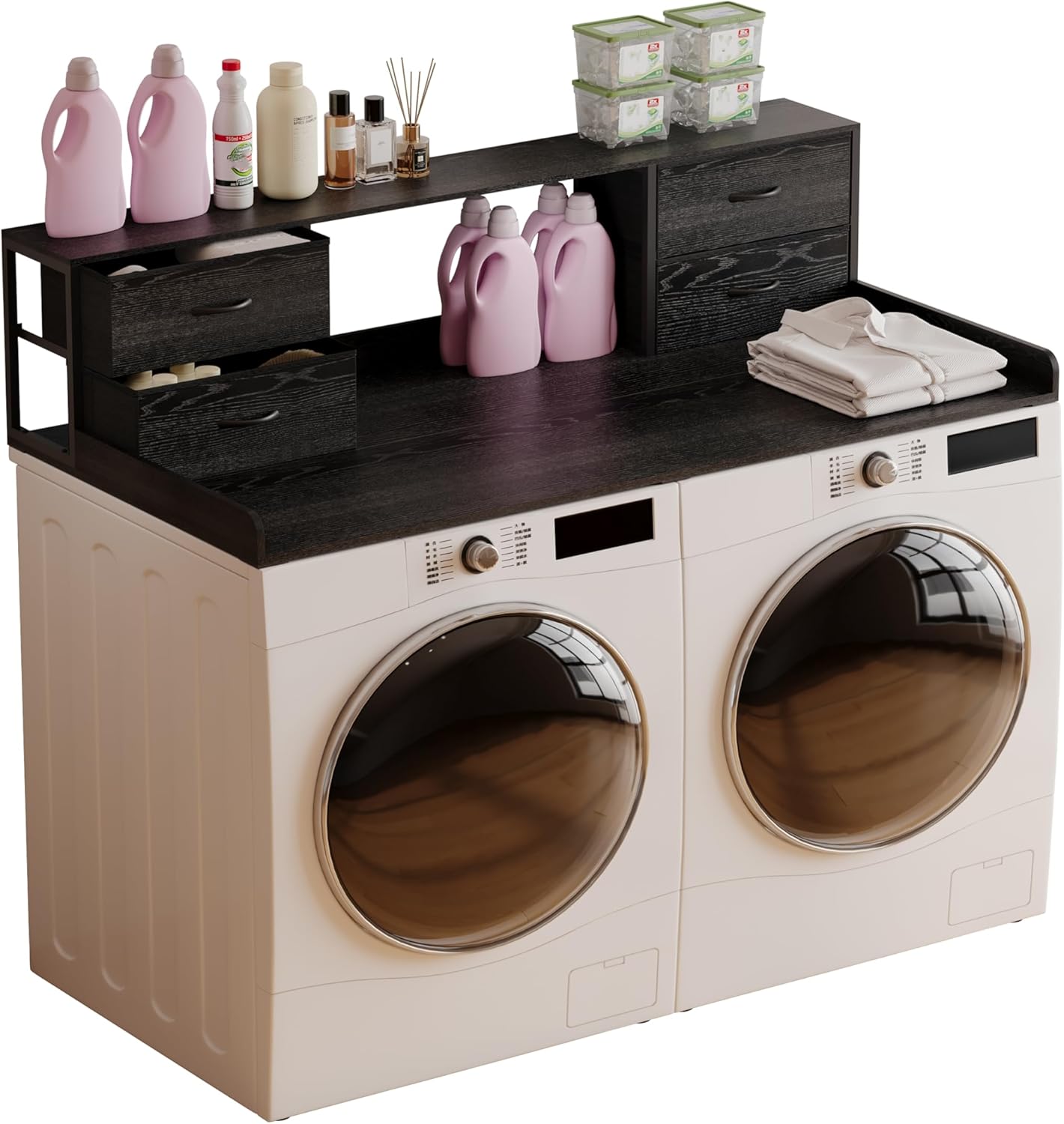 Washer and Dryer Countertop, 27.5“ D x 53.9“ W x 12.9“ H Solid Wood Washer and Dryer Countertop with Organizer Shelves with Four Drawers for Laundry Room Organization (Black)