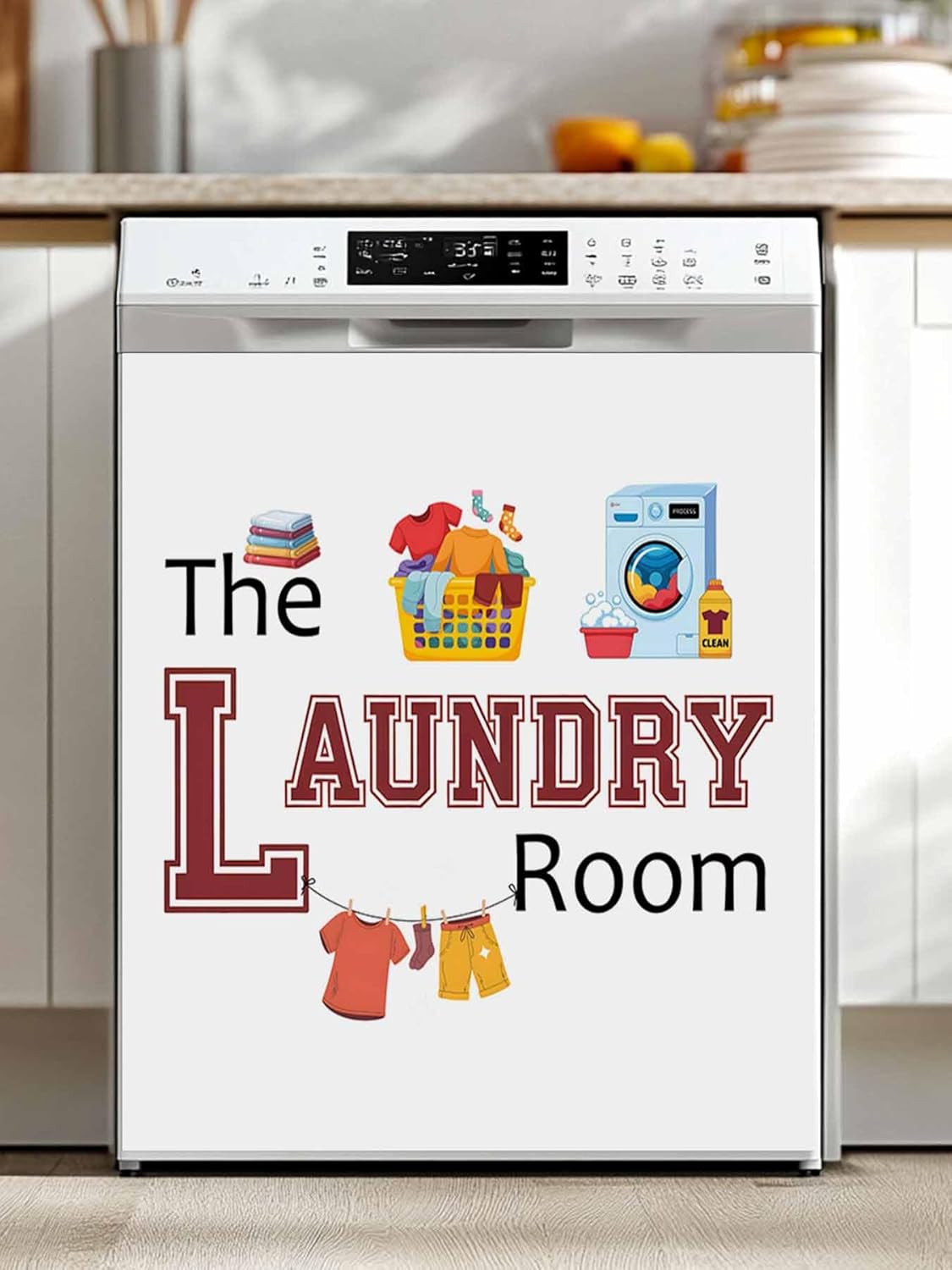Laundry Room Dishwasher Magnet Cover, Cartoon Washday Washing Machine Clothes Refrigerator Magnets Covers for The Front Door, Dishwasher Panel Fridge Decal Cover for Home Appliance Decor 23''x26''