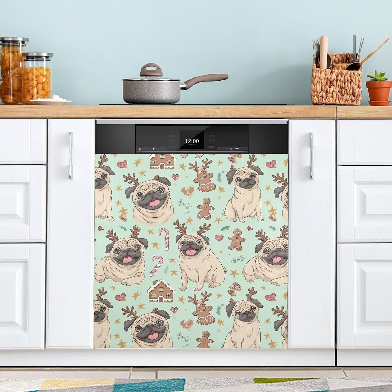 Pfrewn Christmas Winter Magnetic Dishwasher Cover Pug Dogs Gingerbread Reindeer Fridge Door Covers Kitchen Decal Vinyl Panel Decorative Refrigerator Laundry Appliances 23x26in