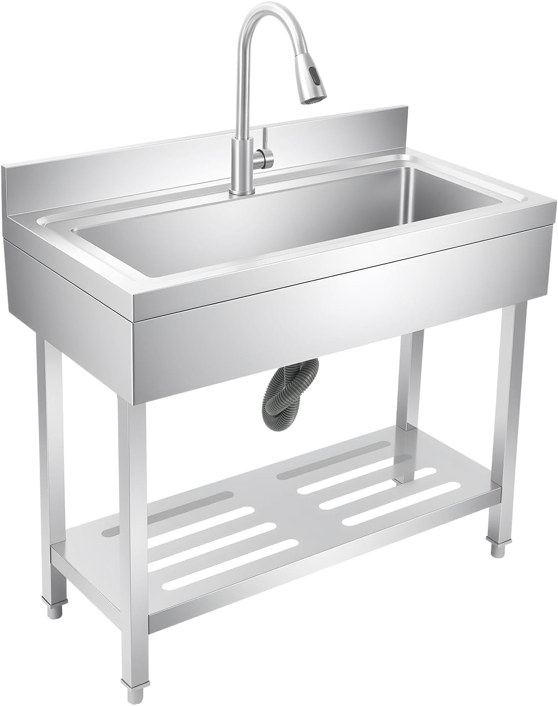 Stainless Steel Utility Sink, Freestanding Single Bowl Laundry Sink with 360° Pull-Out Faucet, Adjustable Feet & Storage Shelf for Kitchen Laundry Room Farmhouse Indoor and Outdoor, 39