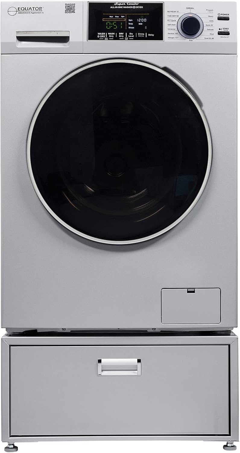 Equator All-in-one Washer Dryer Ventless FULLY BUILTIN 0-CLEARANCE 1.62cf/15lbs 110V 1400RPM with Pedestal + ADA (Silver)