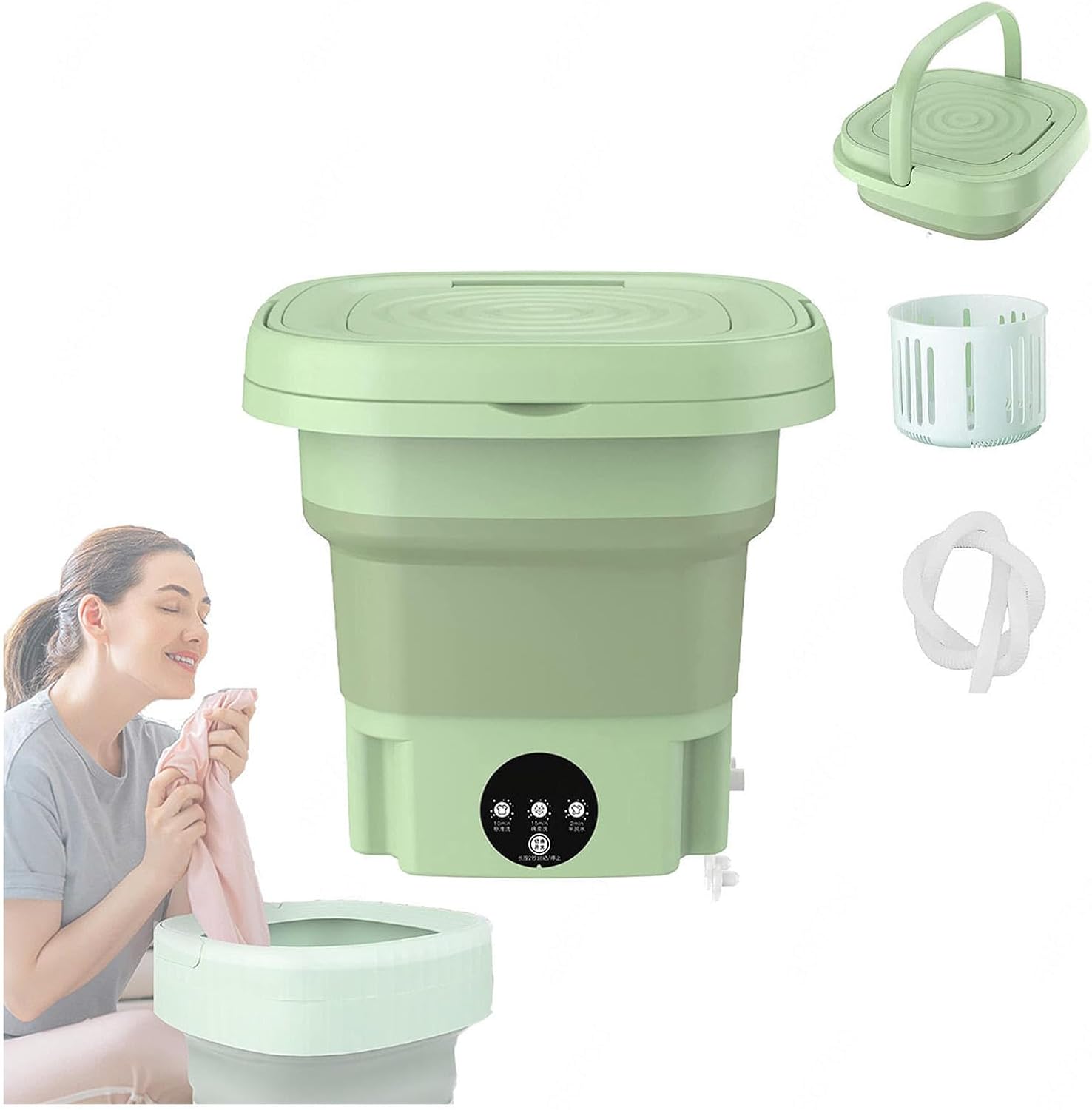 8L Foldable Washing Machine,Portable Washing Machine with Spin Dryer,Mini Washer with 3 Modes Half Automatic Washt and Blue Light,Washing Machine for Apartments,Baby,Underwear,Camping,Green