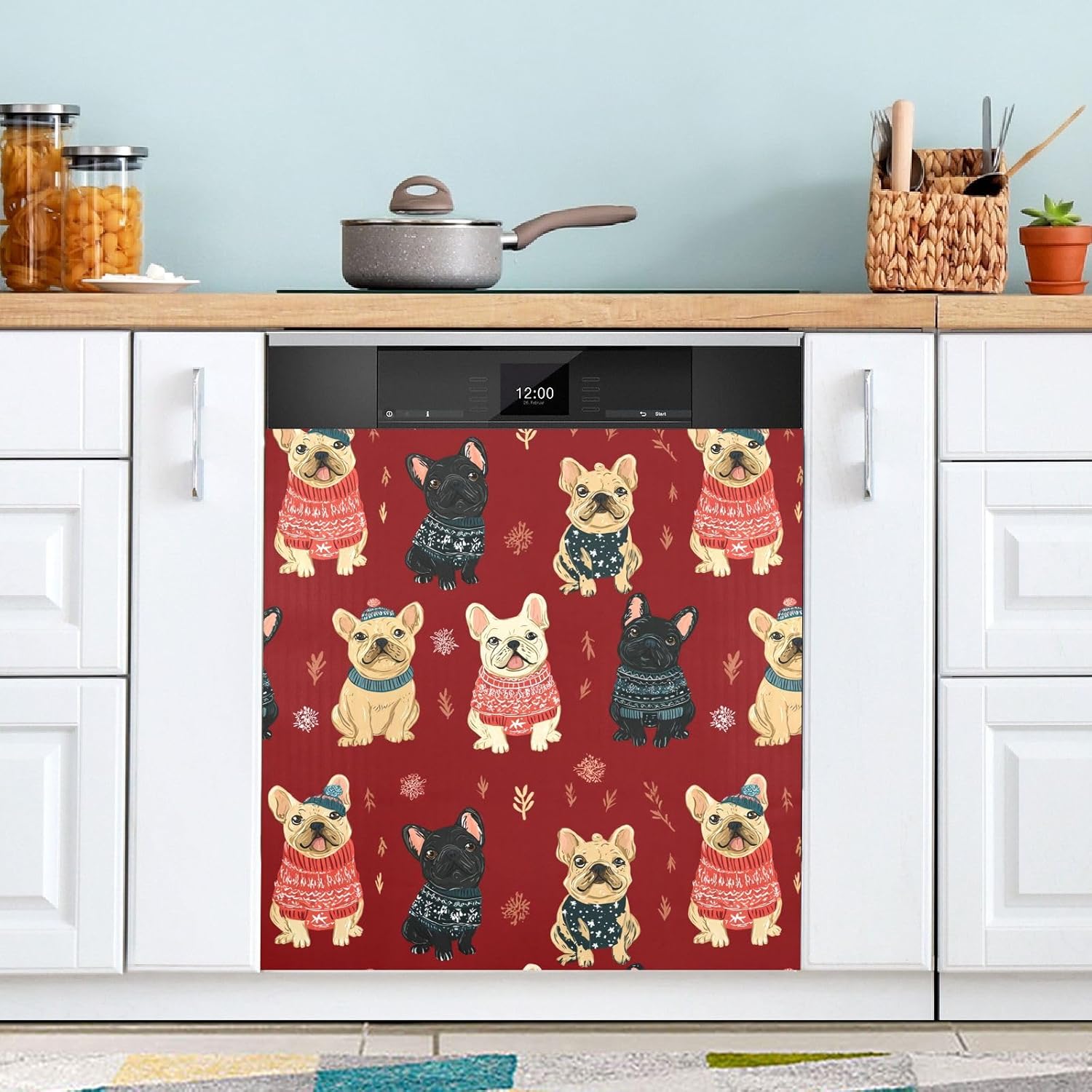 Pfrewn Christmas Winter Magnetic Dishwasher Cover Xmas Christmas French Bulldogs (2) Fridge Door Covers Kitchen Decal Vinyl Panel Decorative Refrigerator Laundry Appliances 23x26in