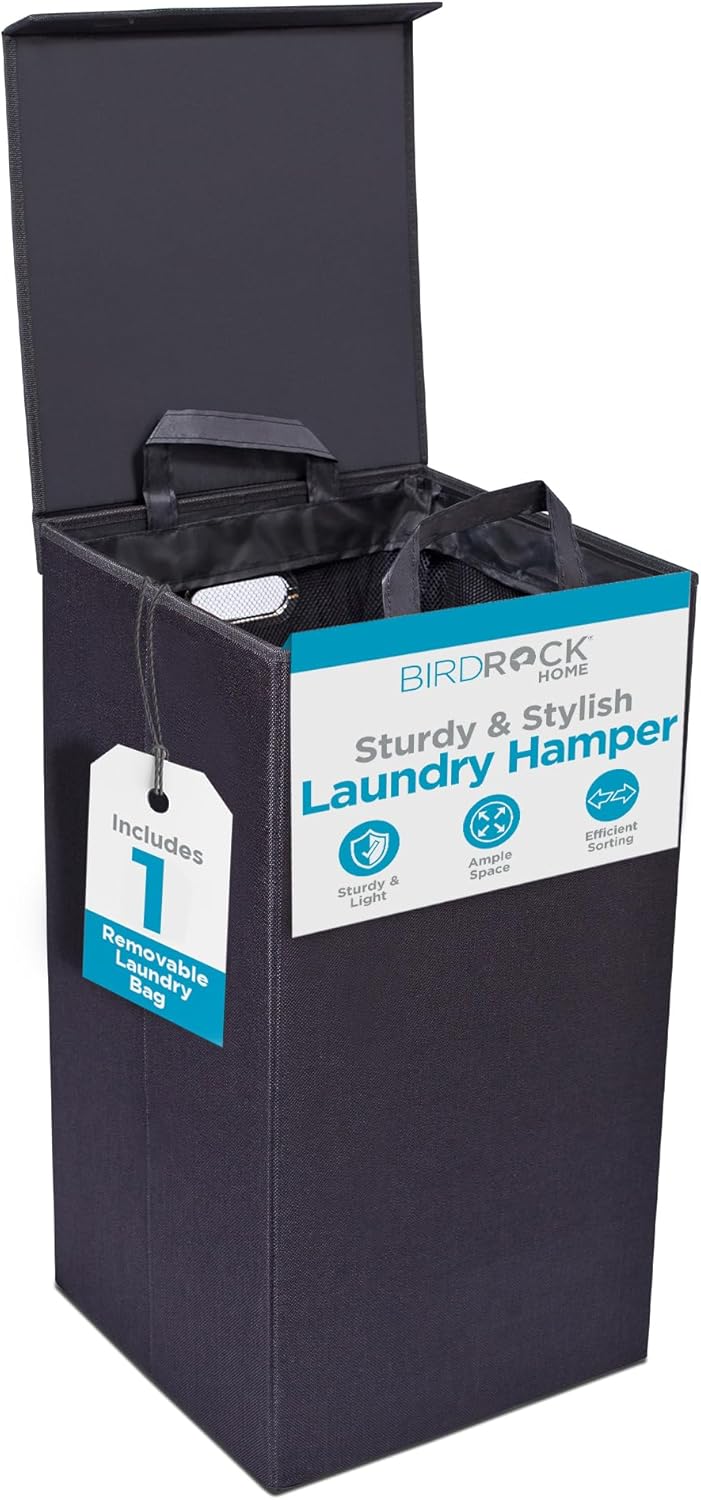 BIRDROCK HOME Single Laundry Hamper with Lid and Removable Liner | Linen | Easily Transport Laundry | Foldable Hamper | Cut Out Handles