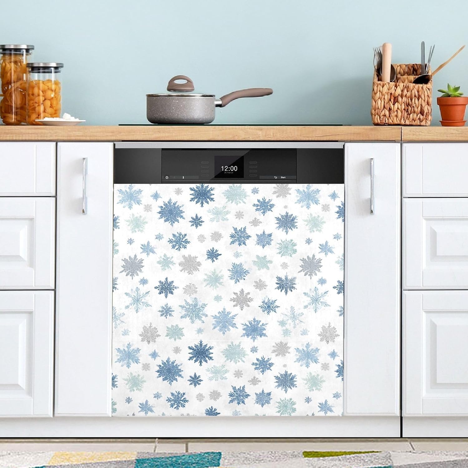Pfrewn Christmas Winter Magnetic Dishwasher Cover Blue White Snowflakes Christmas Winter Flowers (23) Fridge Door Covers Kitchen Decal Vinyl Panel Decorative Refrigerator Laundry Appliances 23x26in