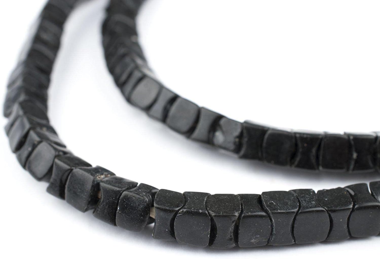 The Bead Chest Rare Black Square Snake Beads Long Strand 7mm Nigeria African Interlocking Glass 36 Inch Strand Handmade