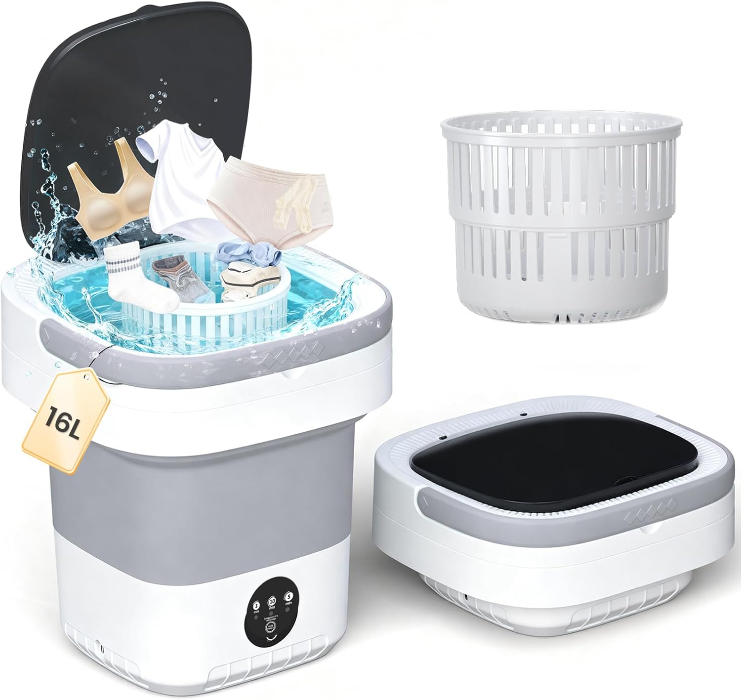 Portable Washing Machine - 16L Mini Foldable Washer with Spin Basket, 3 Cleaning Modes & Deep Cleaning for Small Clothes, Collapsible Laundry for Apartment, Home, Hotel and Travel (Gray)