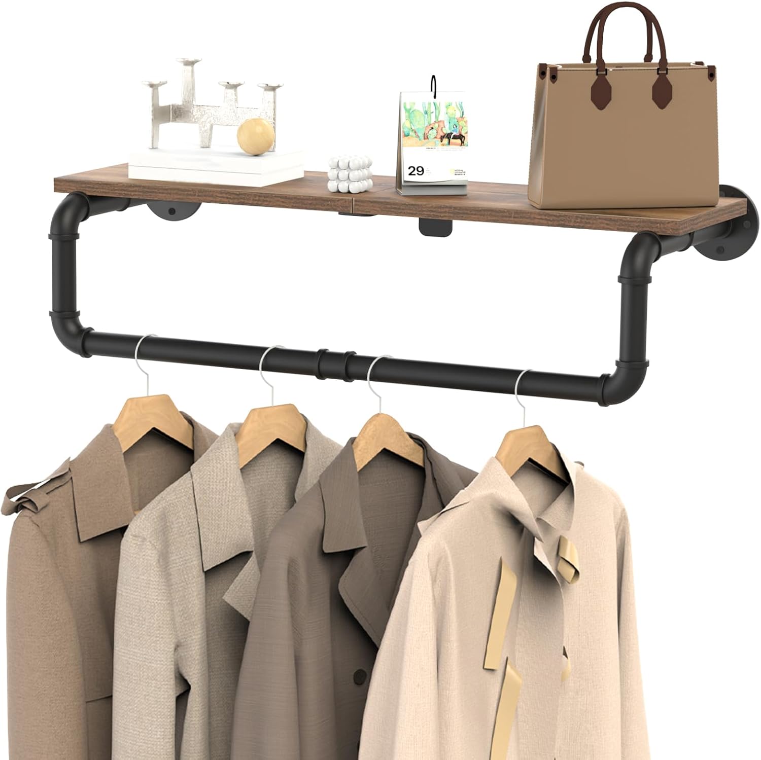 Industrial Pipe Clothes Rack, Heavy Duty Iron Wall Mounted Garment Rack for Hanging Clothes, Shelf with Hanging Rod, 27.6x10.2x5.9 Inch, Black