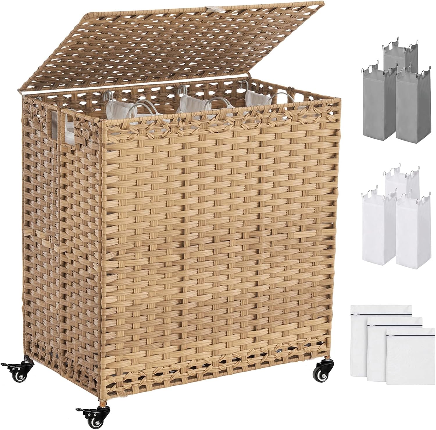 Laundry Hamper with Wheels&Lid, 50.2 Gallons(190L) Rolling Laundry Basket with Wheels, 3-Section Laundry Hamper, Handwoven Rattan Clothes Hamper with 6 Removable Liner& 3 Mesh Laundry Bags, Natural