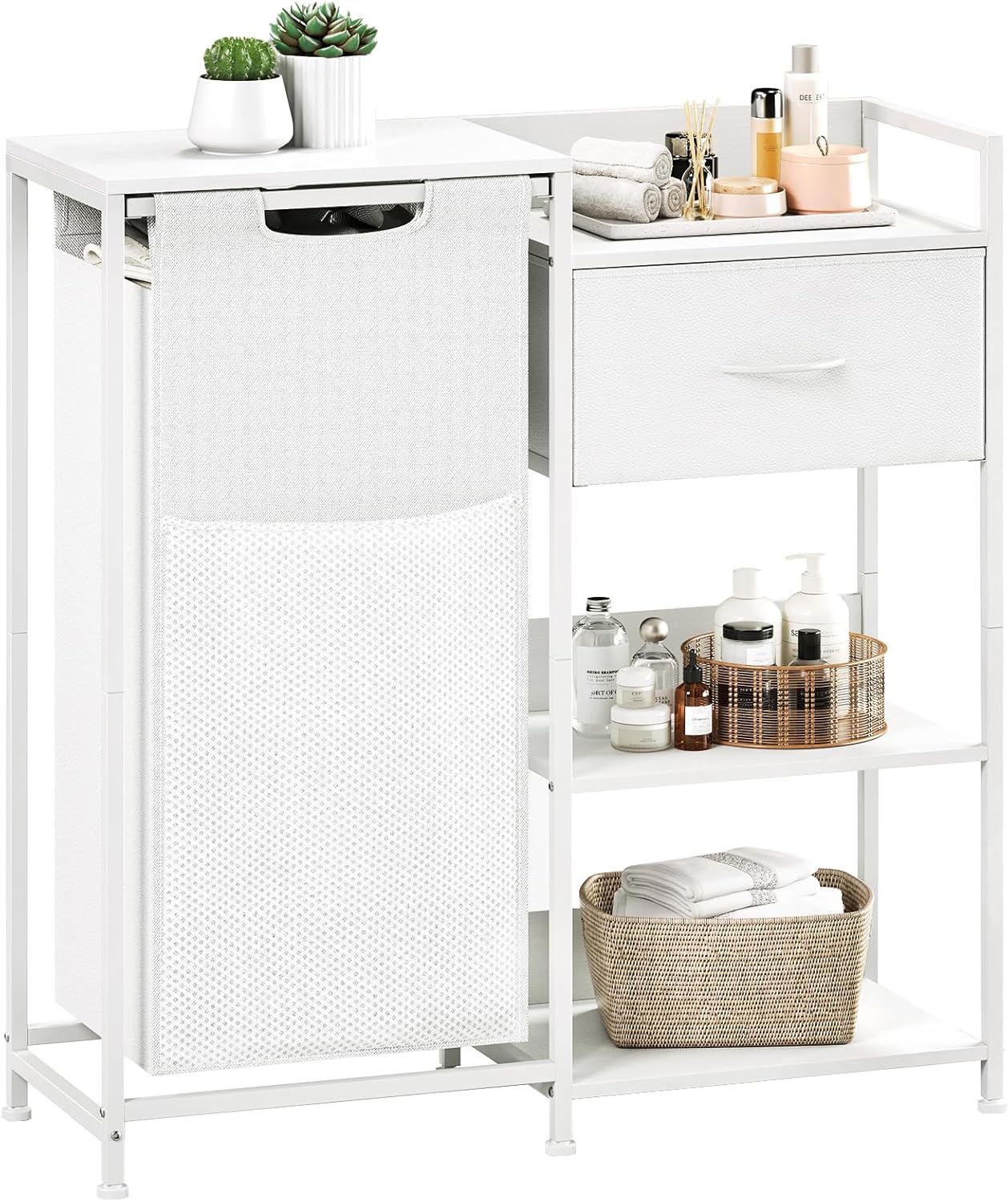 Somdot Laundry Hamper with Fabric Drawer and Shelves, Laundry Basket Sorter with 15.8 Gallons (60L) Pull-Out and Removable Bag, White Leather