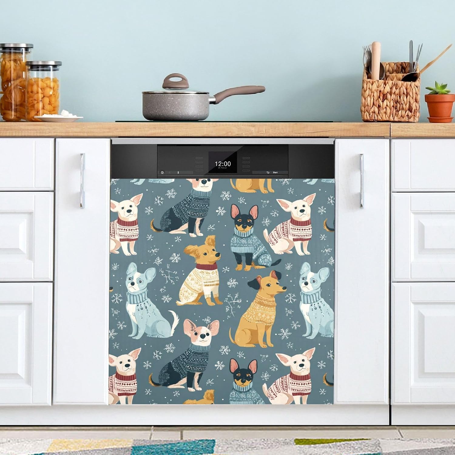 Pfrewn Christmas Winter Magnetic Dishwasher Cover Winter Dogs in Clothe Snowflakes Fridge Door Covers Kitchen Decal Vinyl Panel Decorative Refrigerator Laundry Appliances 23x26in