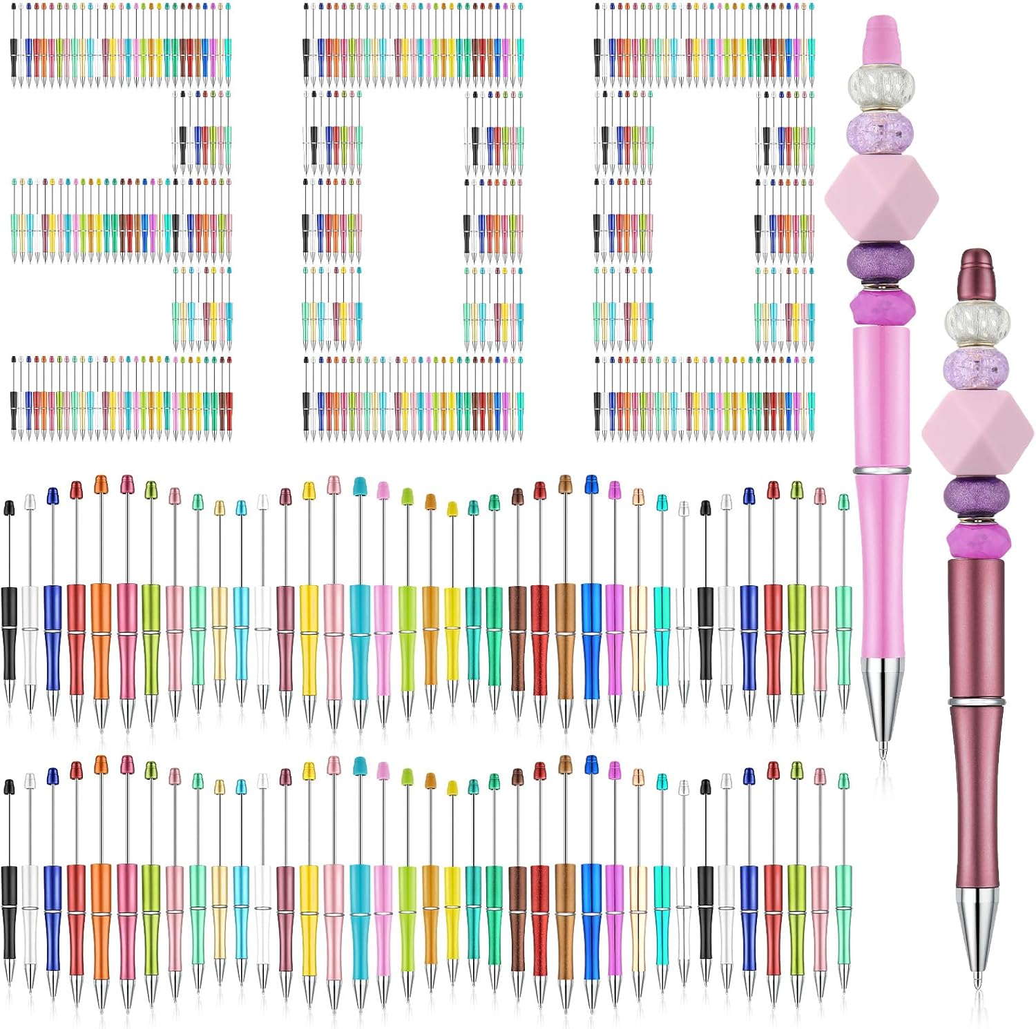 Kosiz 300 Pcs Beadable Pen Bulk Assorted Plastic Bead Pen DIY Black Ink Ballpoint for DIY Making Kids Students Office Back to School Gift Supplies(Multicolor)