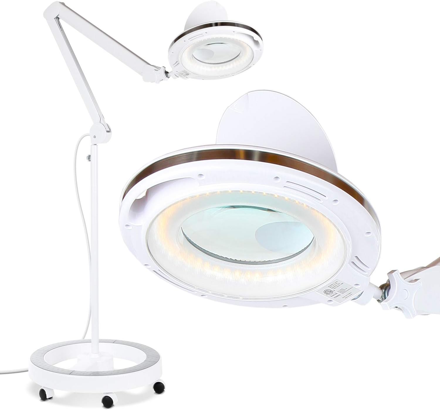 Brightech LightView Pro Magnifying Glass with Light and Stand, Magnifying Floor Lamp with a 6-Wheel Rolling Base for Facials, Lash Estheticians, Dimmable LED Work Light for Sewing, Crafts