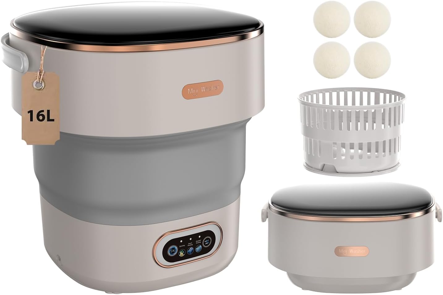 Portable Washing Machine，16L Foldable Mini Washer Machine with Spin Basket Laundry，Collapsible Small Underwear Washer Machine with 3 Cleaning Modes for Apartment Home Hotel Camping (Gray)