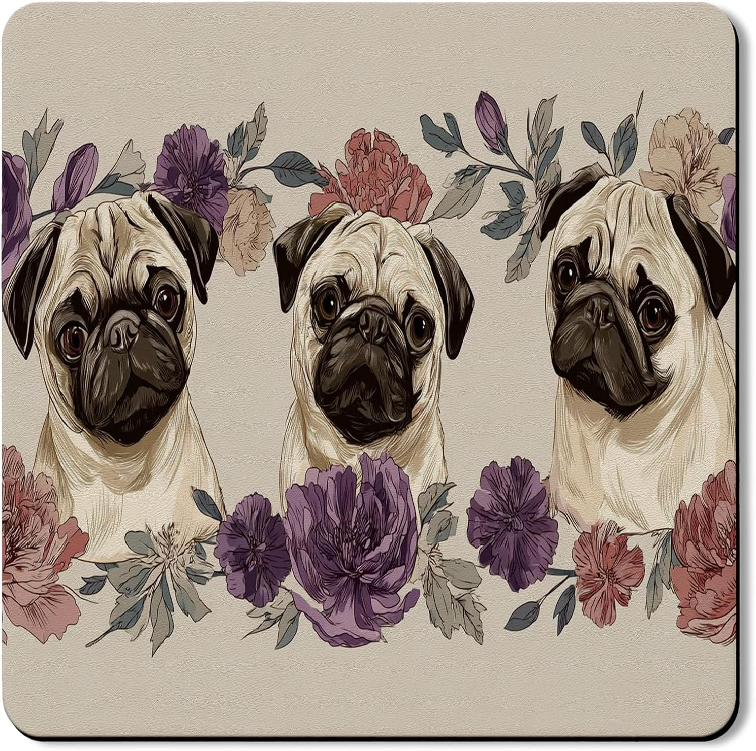 Pug Floral Washer Dryer Top Protector Mat, Vintage Botanical Pug Pattern Laundry Machine Covers, Spring Seasonal Waterproof Anti-slip Washer and Dryer Mats for Laundry Room 24x24 Inch