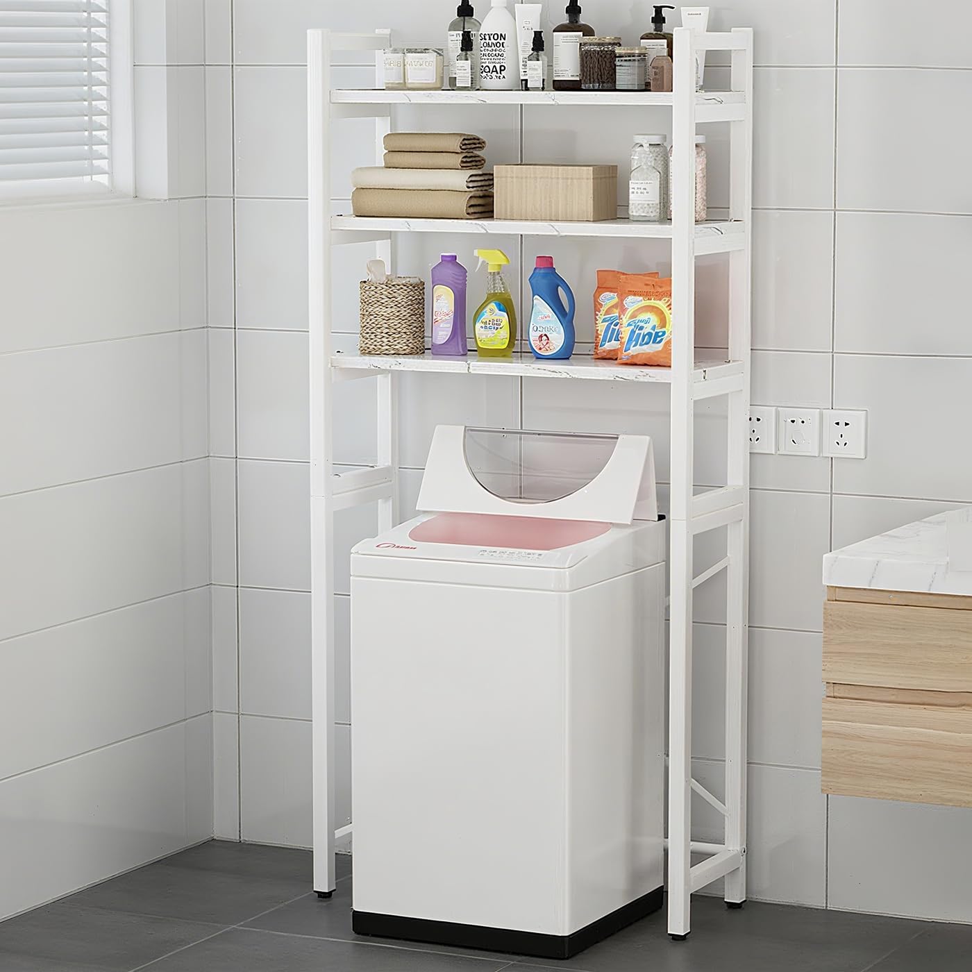 Gdrasuya10 3-Tiers Over The Washer and Dryer Storage Shelf for Laundry Room, Standing Washer Storage Utility Rack Shlef Laundry Storage Shelf Organizer Space Save (All White)